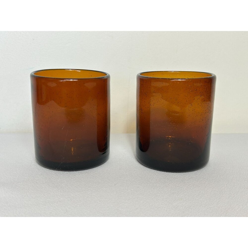 Set of 2 Amber 14oz Handblown Bubble Lowball Glasses